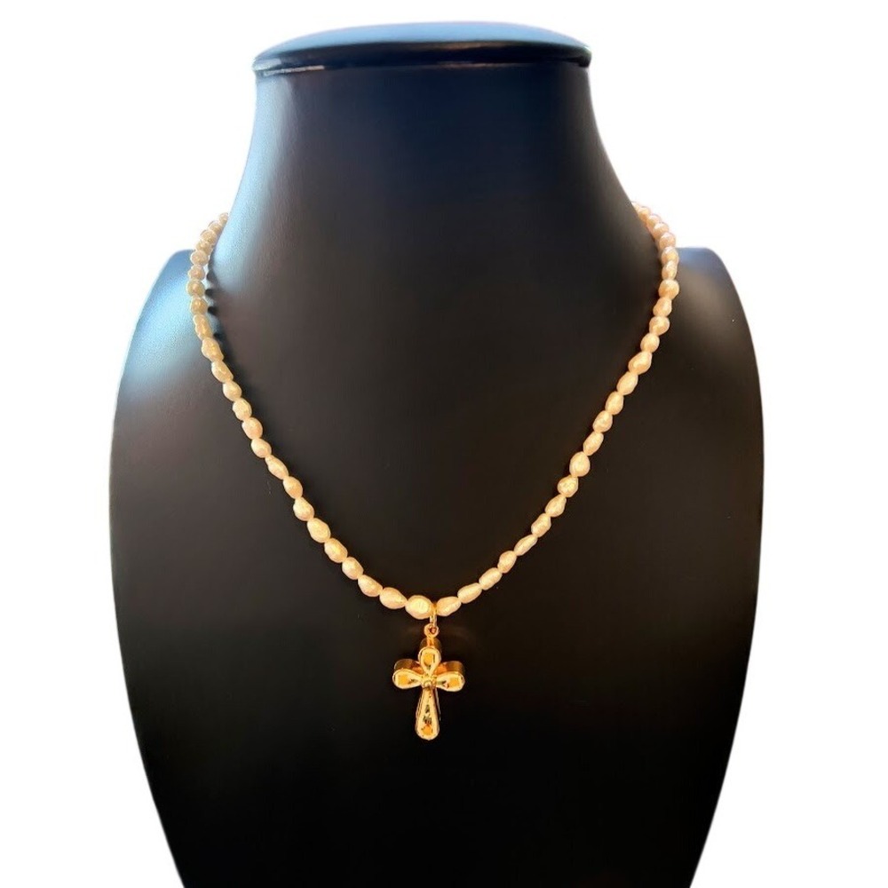Vintage Rice Pearl Necklace Micro Mosaic Cross Pendant Gold Plated GSILVER 17 In